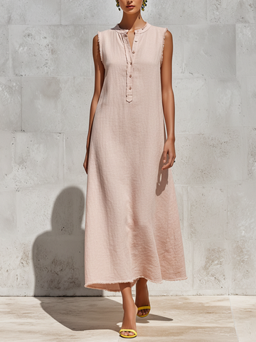 Women's Blush Pink Linen-Blend Maxi Dress With Frayed Trim & Henley Neck, Timeless Minimalist-Chic Style Dress MDZ2242D0LYL