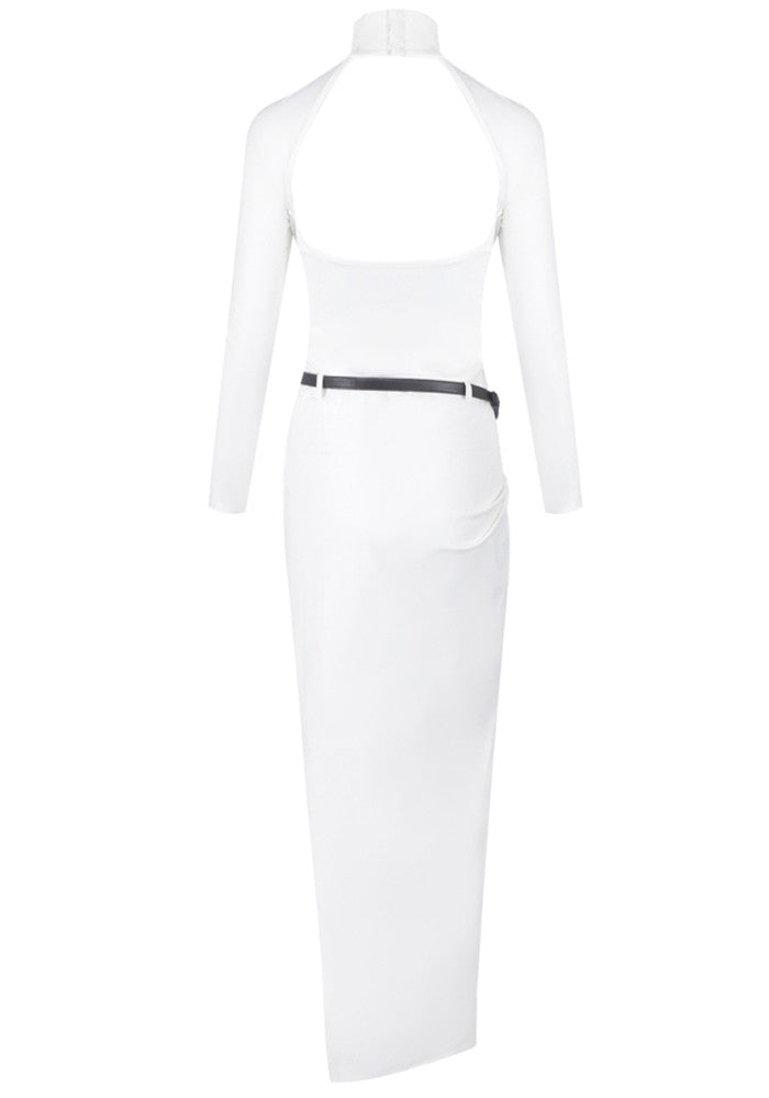 Long Sleeve Belt Backless Maxi Dress White