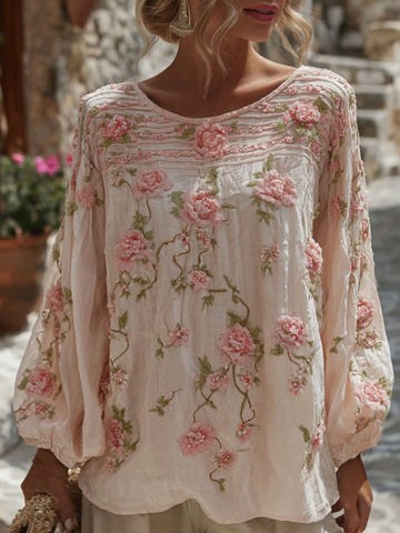 Women's Floral Embroidery Cotton Linen Round Neck Long Sleeve T-shirt