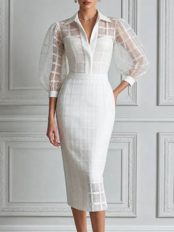 White Dress Sheer Plaid Puff Sleeve Pencil Midi Dress