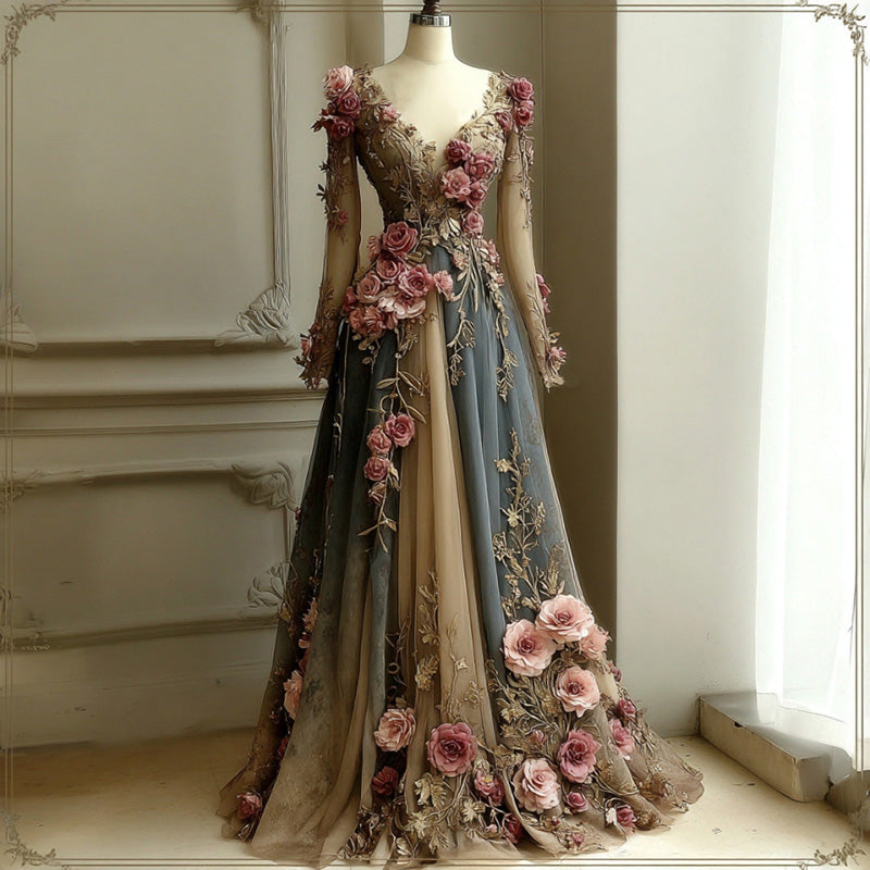 Women's Vintage Rose Gradient Art V-neck Long Sleeve Maxi Dress
