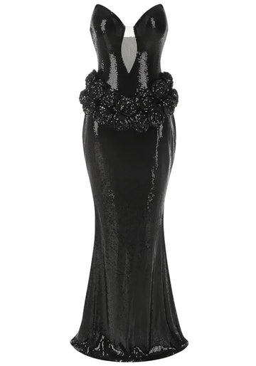 Strapless Floral Sequin Maxi Dress Black