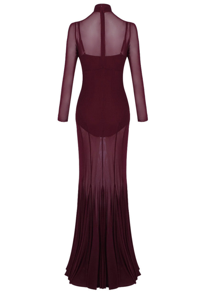 Long Sleeve Mesh Maxi Dress Burgundy