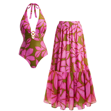 Halter Colorblock Printed Swimsuit Set(s)