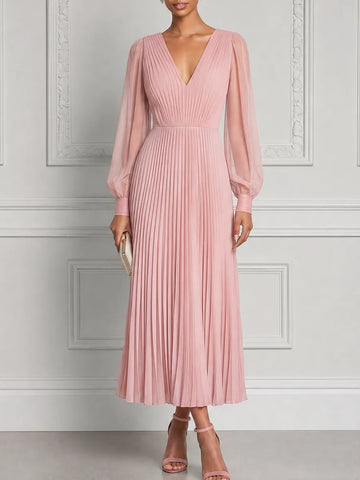 Pink Dress Fall Wedding Guest Dress Pleated Chiffon Maxi Dress