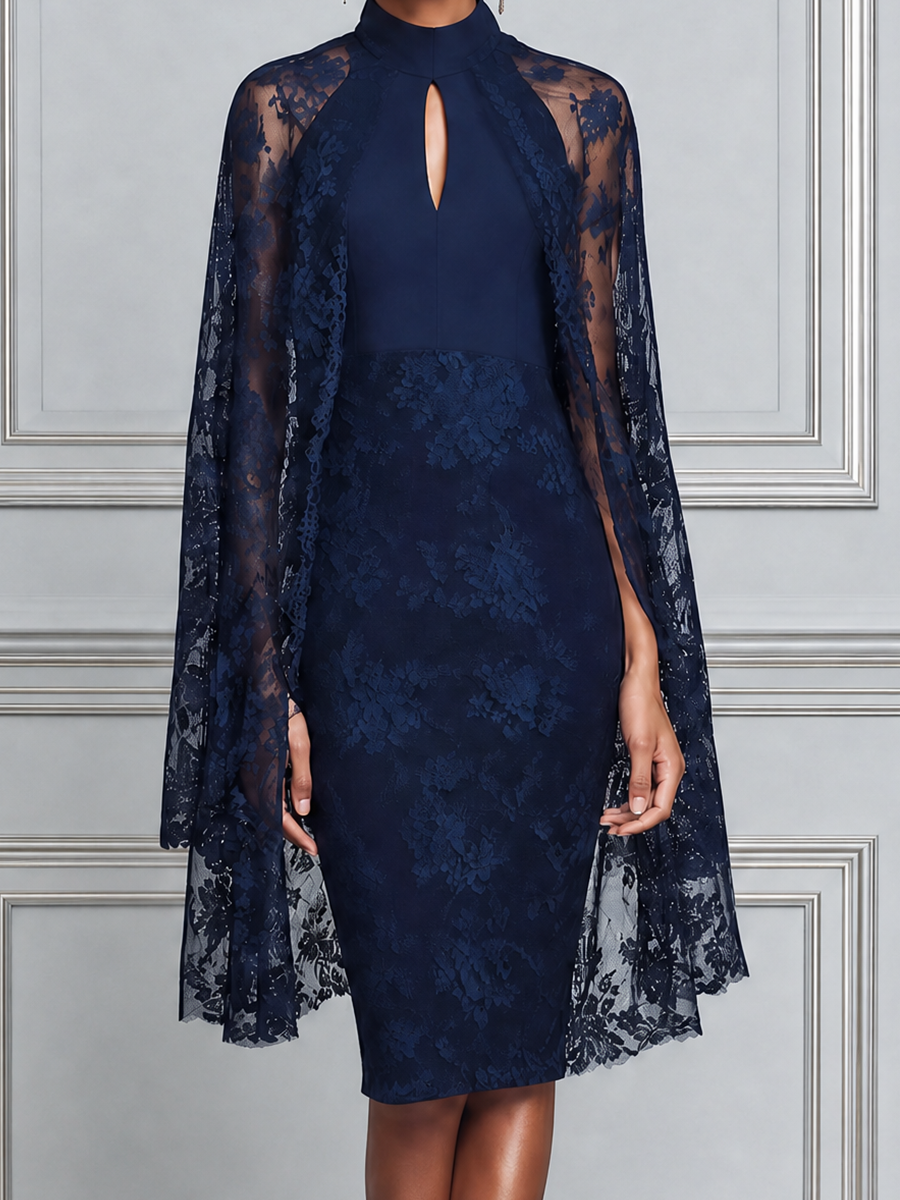 Navy Lace High Neck Keyhole Pencil Dress