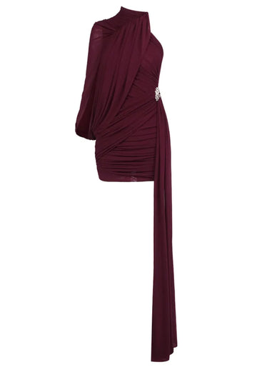 One Sleeve Draped Dress Burgundy