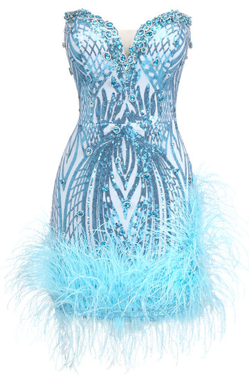 Strapless Sequin Crystal Feather Dress Blue