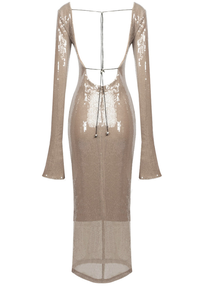 Long Sleeve Sequin Backless Midi Dress Nude