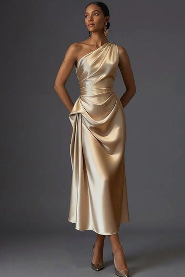 Champagne Mermaid Ruched Satin One Shoulder Long Wedding Guest Dress
