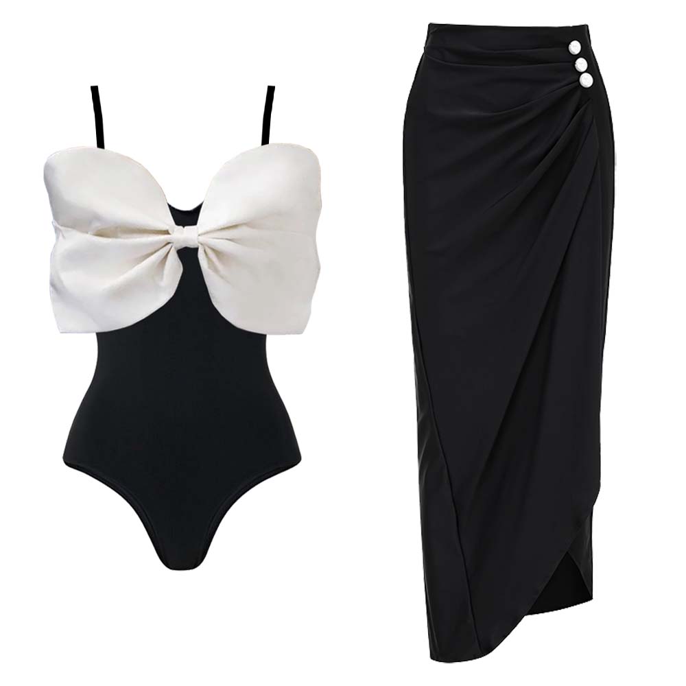 3D Bow Decoration One Piece Swimsuit and Split Skirt
