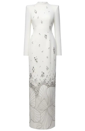 Long Sleeve Crystal Flower Maxi Dress White