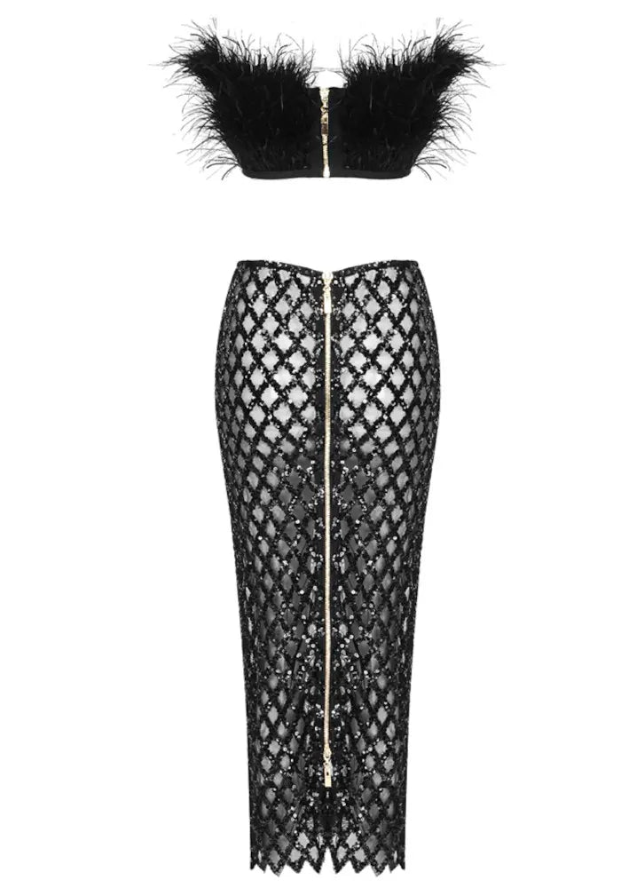 Strapless Feather Detail Midi Two Piece Dress Black