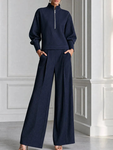Pinstripe Half-Zip Top And Wide-Leg Pants Set