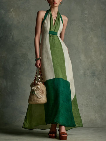 Women's Vacation Style Green And White Color-Block Linen-Cotton Halter V-Neck Waist-Tailored Maxi Dress MDZ2051E3GMJ