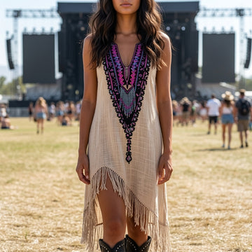Music Festival Rock Party Heat Wave Carnival Vintage Wilderness Ethnic Style Linen Tassel Lace Suspender Dress