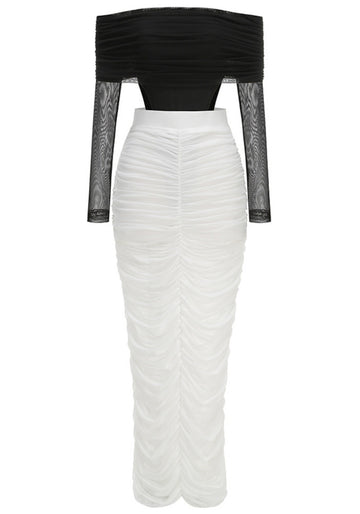 Long Sleeve Draped Bardot Maxi Dress Black White