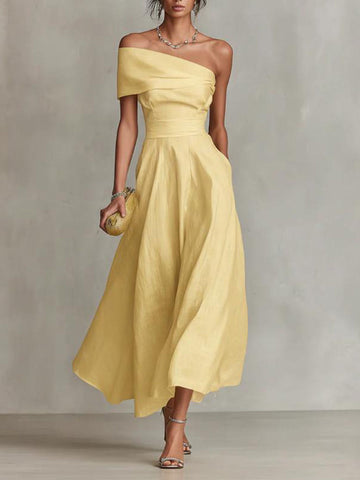 Women's Cotton-linen Solid-color Off-shoulder Backless Dress