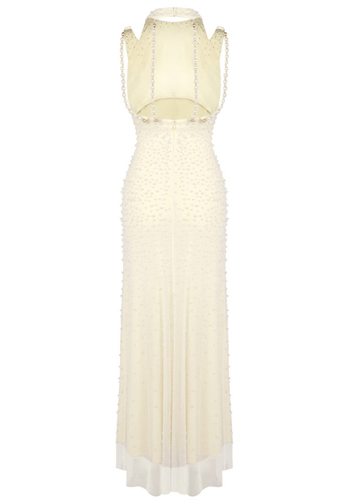 Halter Pearl Backless Maxi Dress Light Yellow