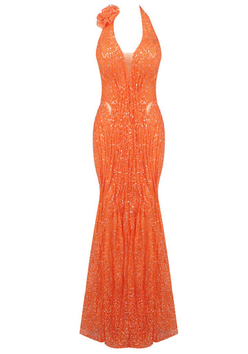 Halter Floral Sequin Maxi Dress Orange