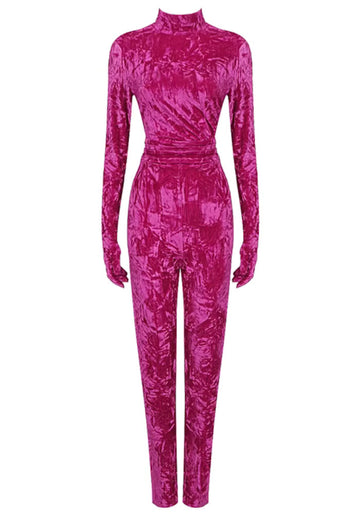 Long Sleeve Velvet Jumpsuit Hot Pink