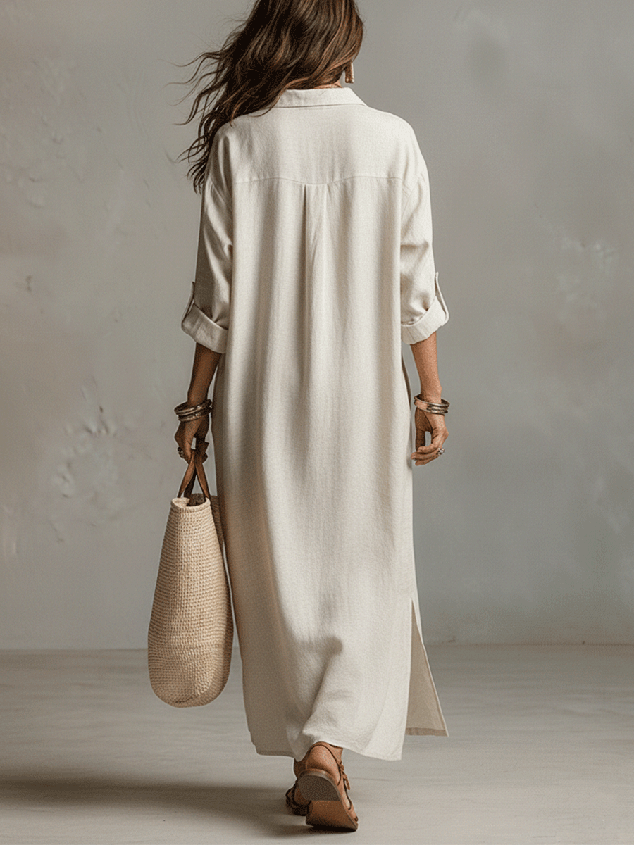 Vintage Lightweight Linen Maxi Shirt Dress In Natural Cream