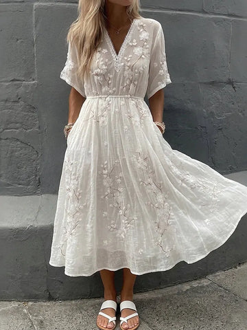 Women's Vintage Floral Art Embroidery Cotton Linen Dress