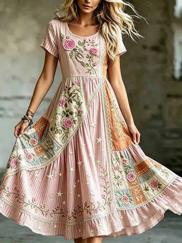 Women's Retro Bohemian Floral Irregular Color-blocked Round Neck Dress
