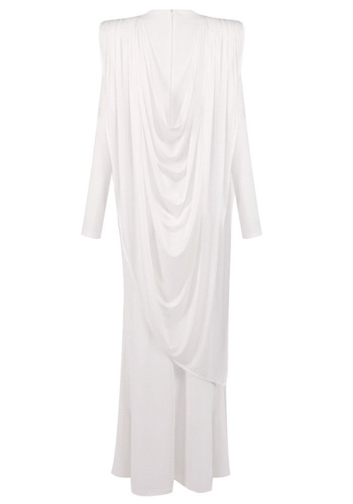 Long Sleeve Draped Design Maxi Dress White