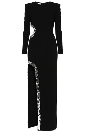 Long Sleeve Mirrored Trim Maxi Dress Black