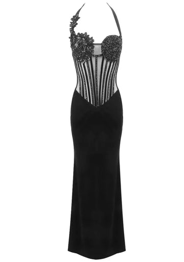 Halter Sequin Floral Corset Maxi Velvet Dress Black