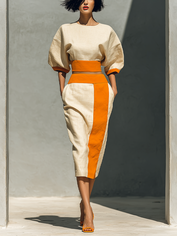 Women’s Beige & Orange Linen-Blend Two-Piece Set: Puff Sleeve Crop Top & Color Block Midi Skirt With Pockets MDZ2198D7T