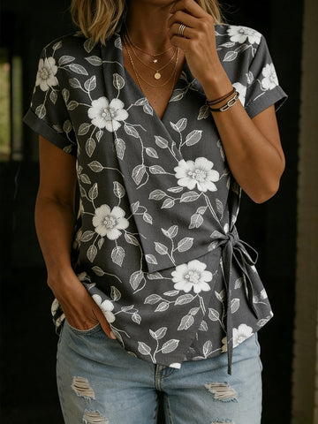 Women's Vintage Ethnic Floral Print Casual Cross-over Tie Neck Top