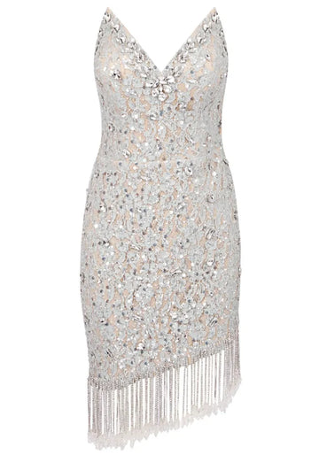 Strapless Crystal Floral Tassel Dress Silver