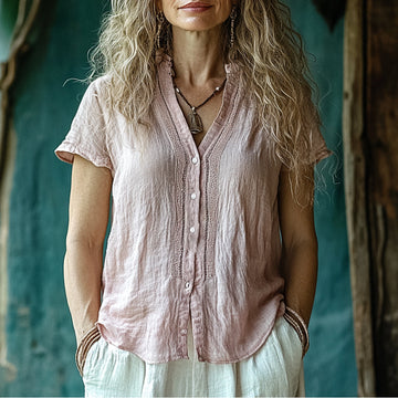Women's Bohemian Plainr Linen Casual Short-sleeved Shirt