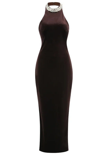 Halter Pearl Embellished Maxi Velvet Dress Dark Brown