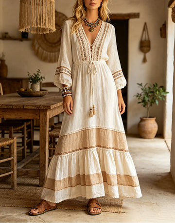 Women's Boho Embroidered V-Neck Maxi Dress with Drawstring Waist