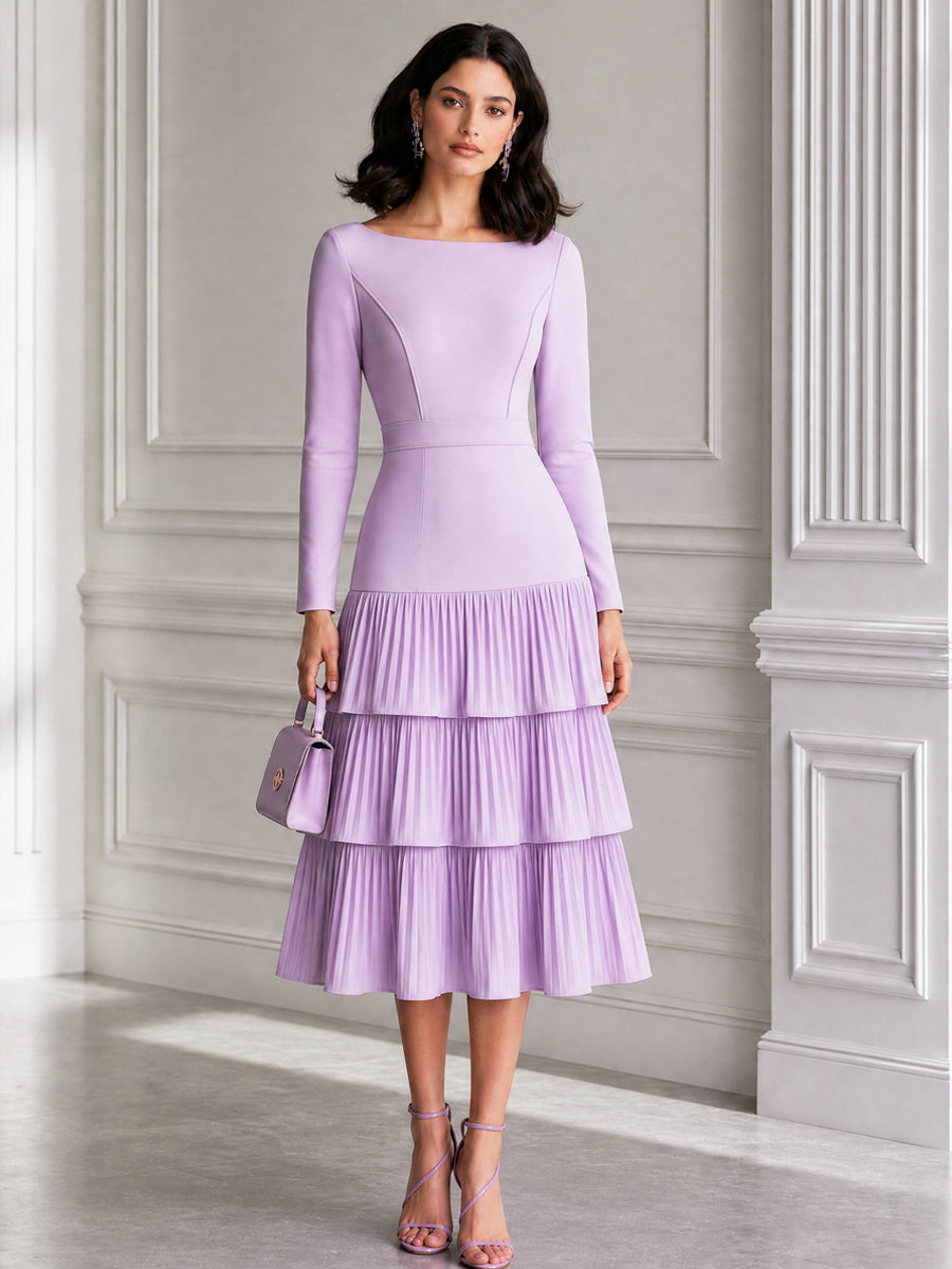 Lilac Spliced Tiered Pleated Boat Neck Midi Dress