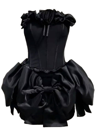 Strapless Floral Bow Corset Two Piece Dress Black