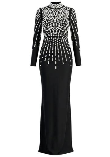 Long Sleeve Pearl Backless Maxi Dress Black