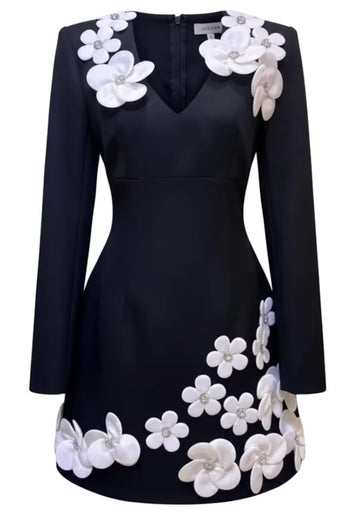 Long Sleeve Crystal Floral A Line Dress Black White