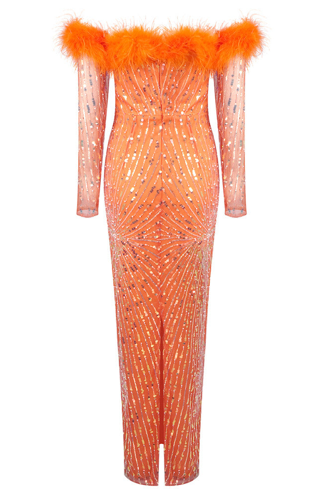 Long Sleeve Feather Bardot Sequin Maxi Dress Orange