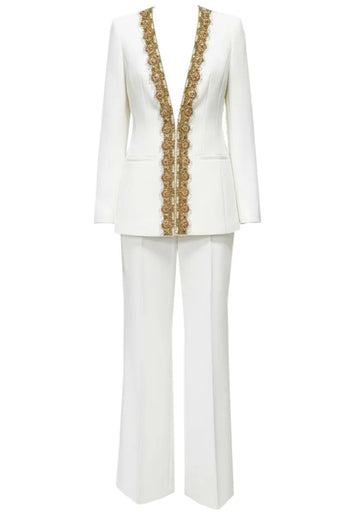 Long Sleeve Embellished Neckline Suit White