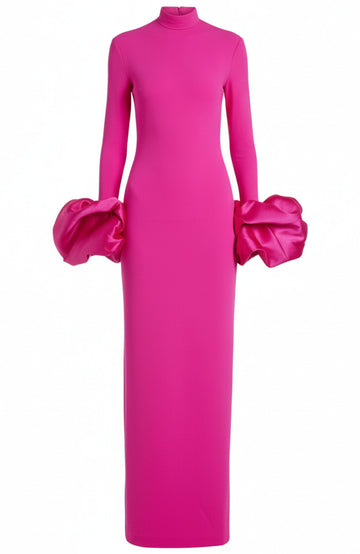 Puff Detail Long Sleeve Maxi Dress Hot Pink