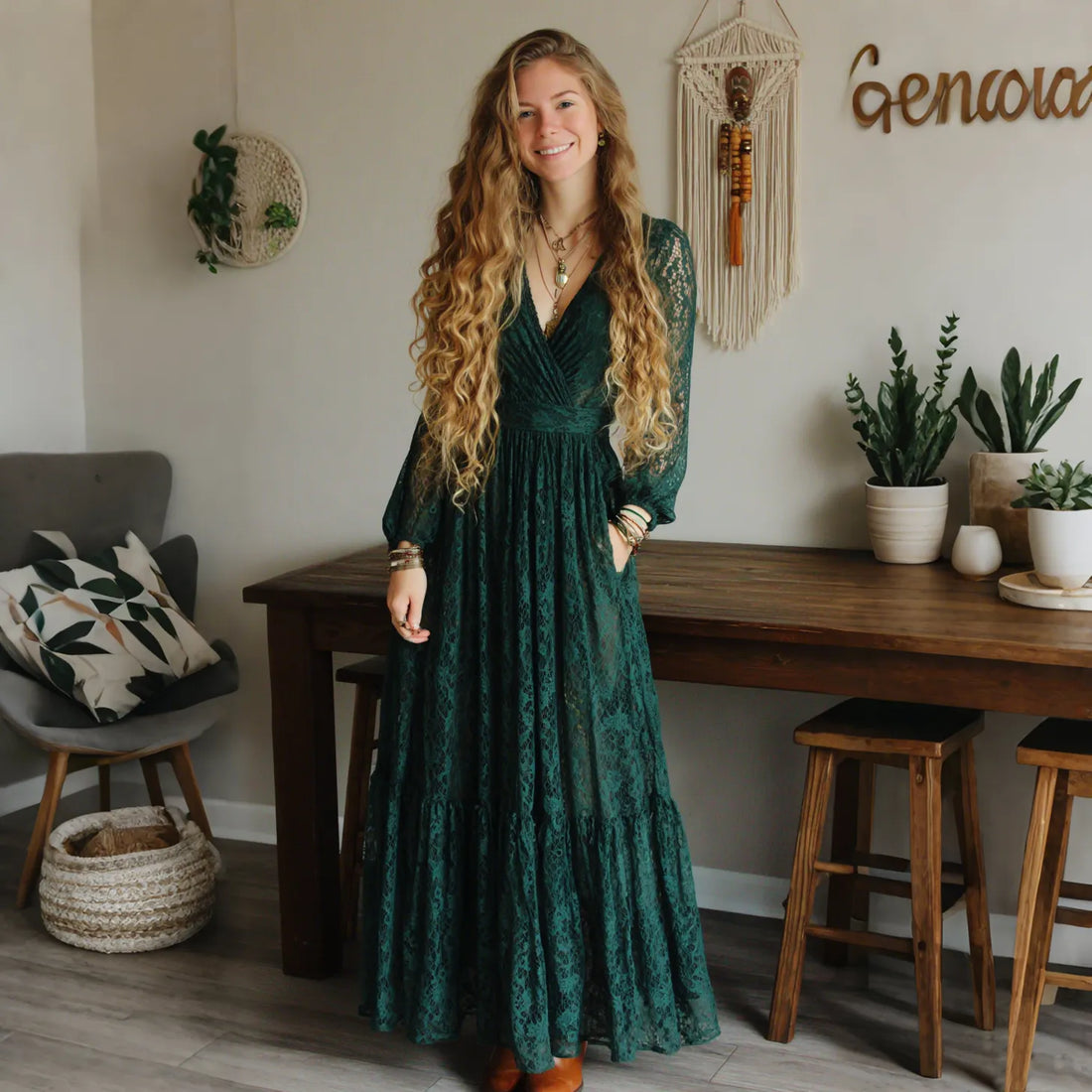 Elegant V-neck High Waist Lace Flared Long Sleeve Dress