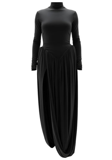 Long Sleeve Draped Puff Maxi Dress Black