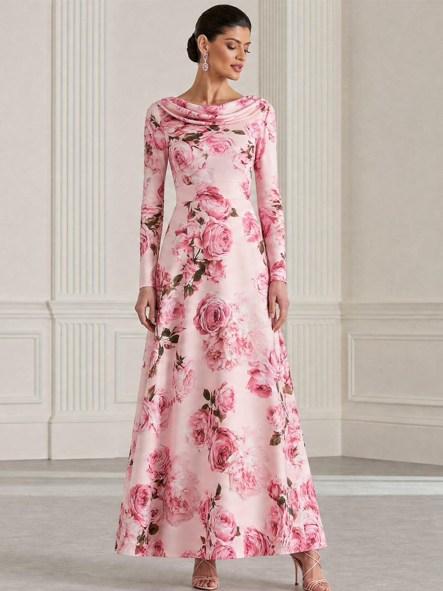 Rose Floral Print Cowl Neck Satin Maxi Evening Dress