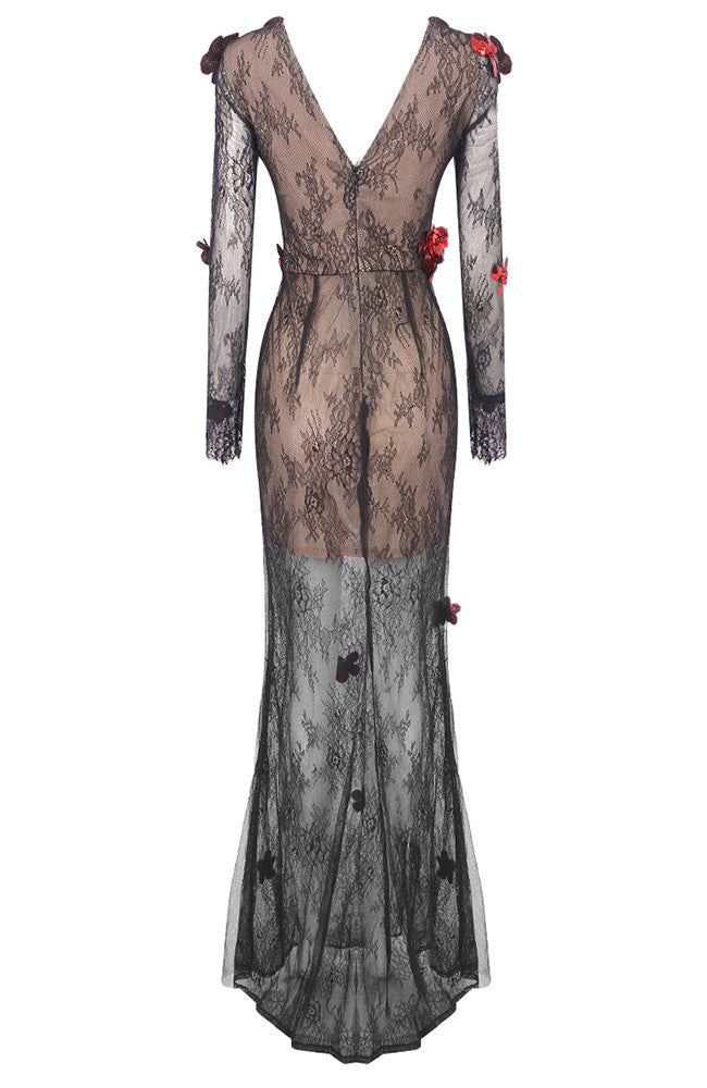 Long Sleeve Floral Detail Lace Maxi Dress Black Red