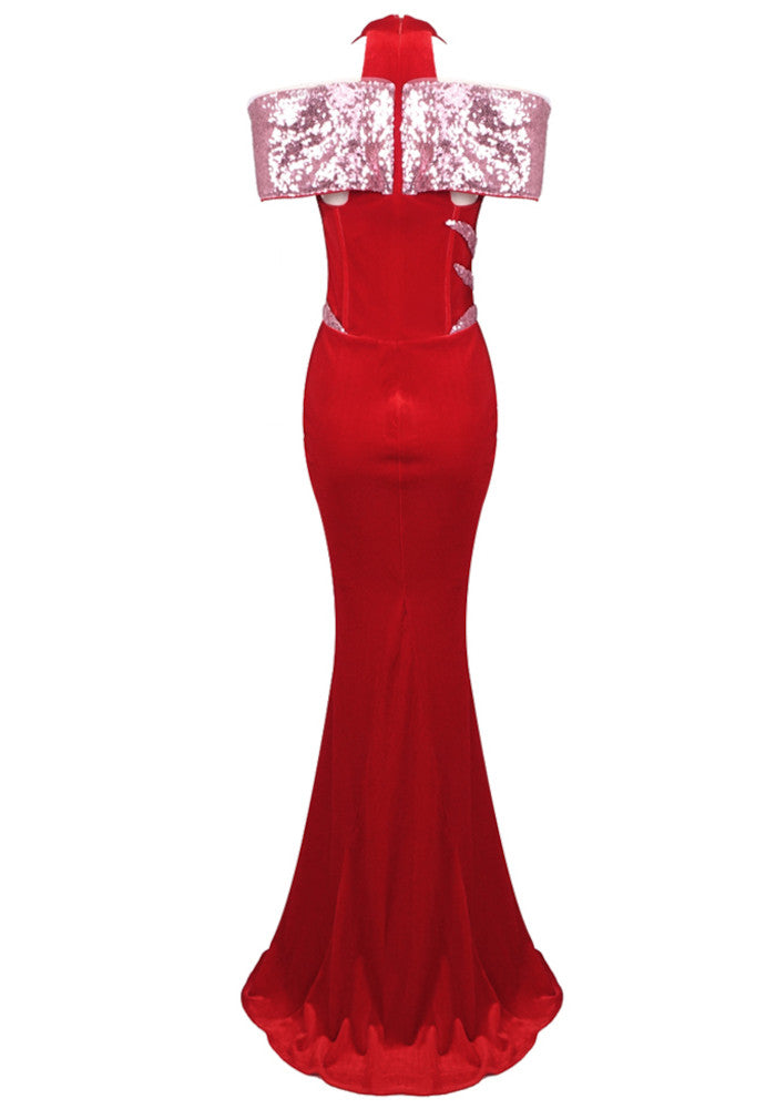 Halter Sequin Corset Maxi Velvet Dress Red