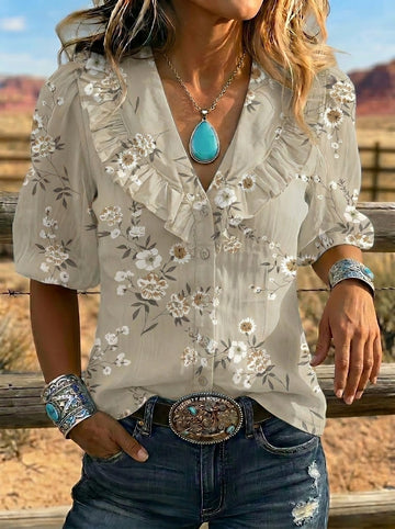 Women's Retro Floral Art Puff Sleeve Casual Shirt